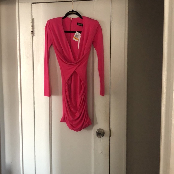 Nookie envy mini dress neon pink sleek long sleeve shoulder pads size S NWT - Picture 5 of 14